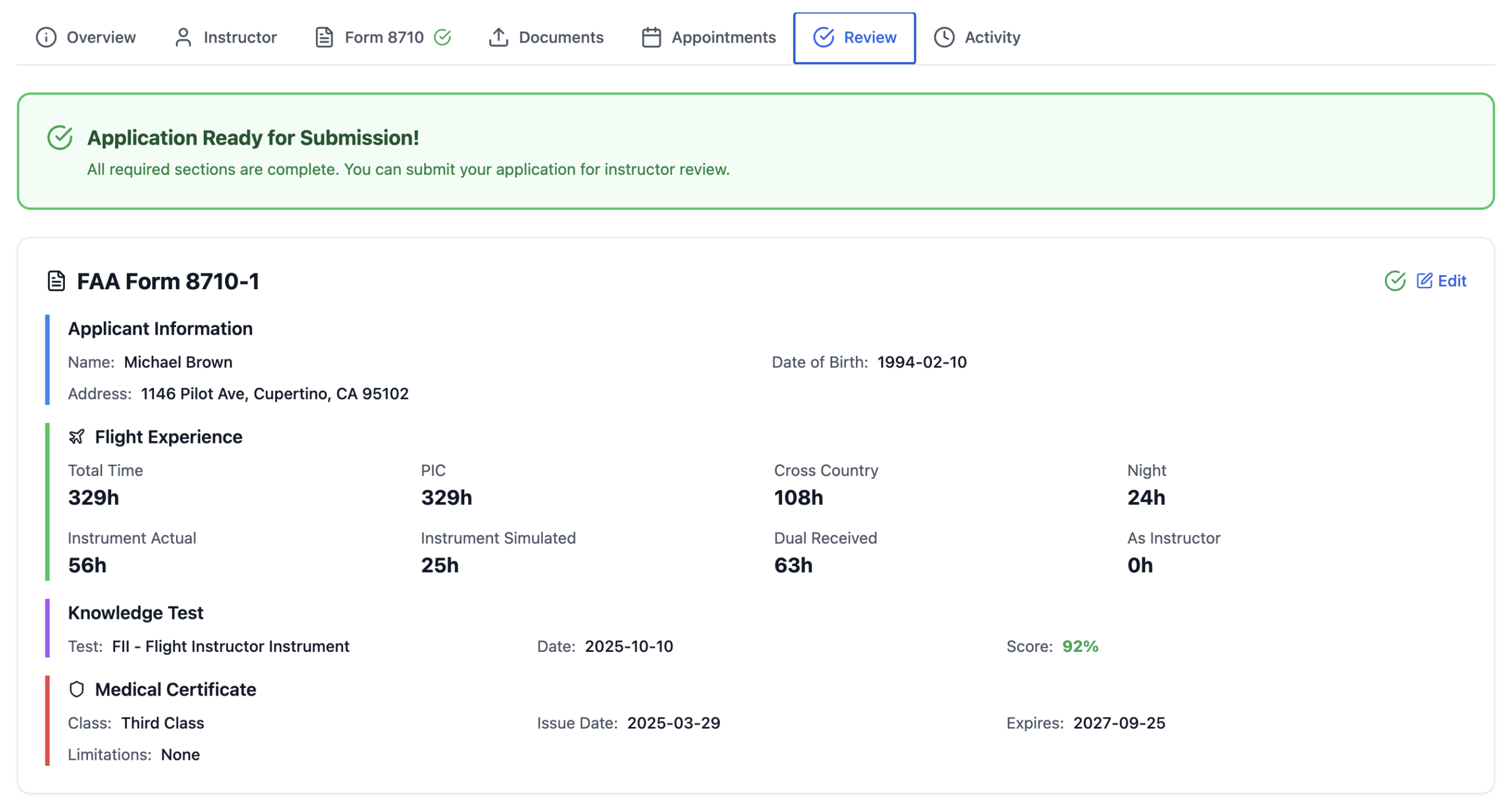 Guided booking workflow for examiners, applicants and instructors.